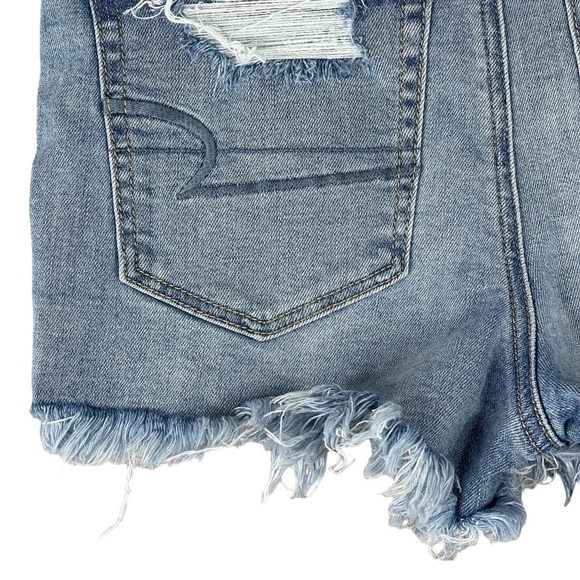 American Eagle Curvy Hi Rise Shortie 4 Distressed Cutoff Shorts Stretch Blue - Picture 9 of 11